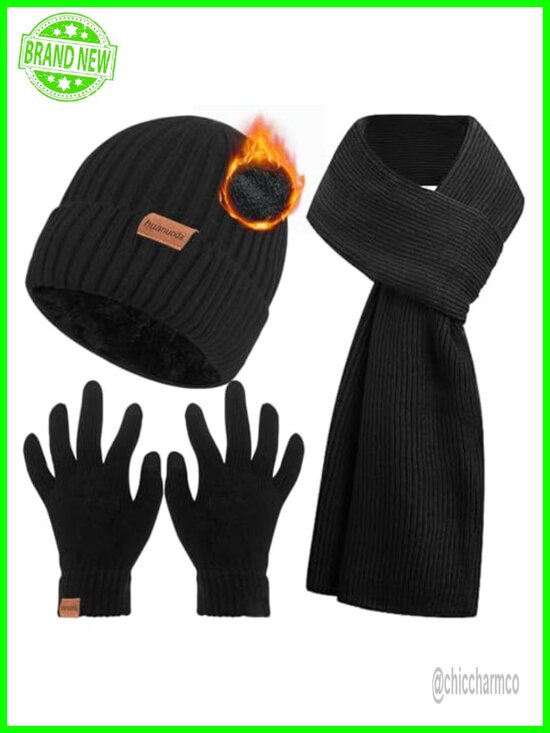 Winter Beanie Hat Scarf Touchscreen Gloves Set, Knitted Fleece Lined Thermal Set main image 5